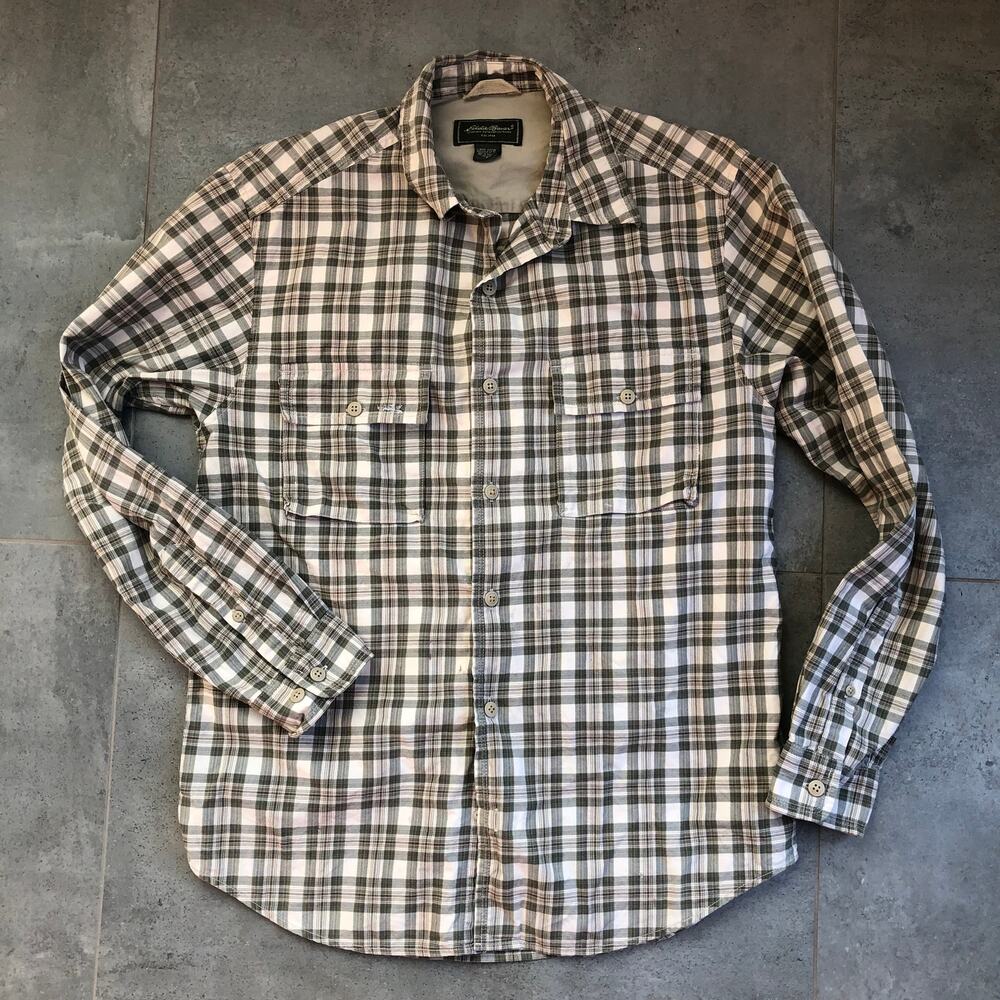 Eddie Bauer Men's S Green Plaid Long Sleeve Button Front Shirt 100% Cotton